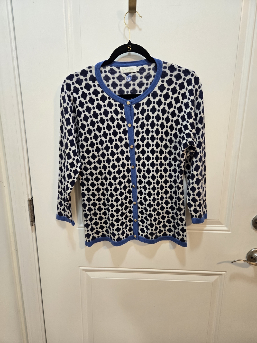 Spartina 449 Navy and White Geometric Cardigan with Blue Trim